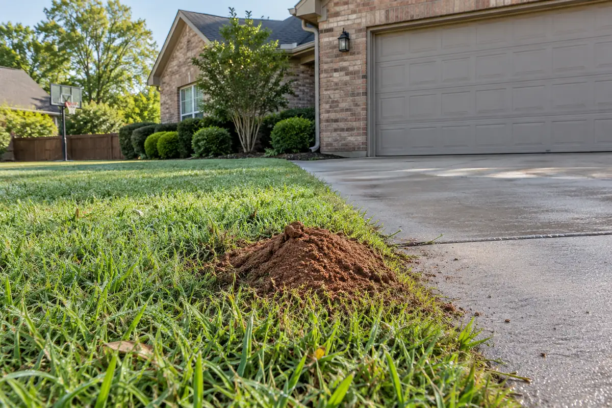 Mound of loose soil on a lawn beside a driveway, ant control in Folsom, CA