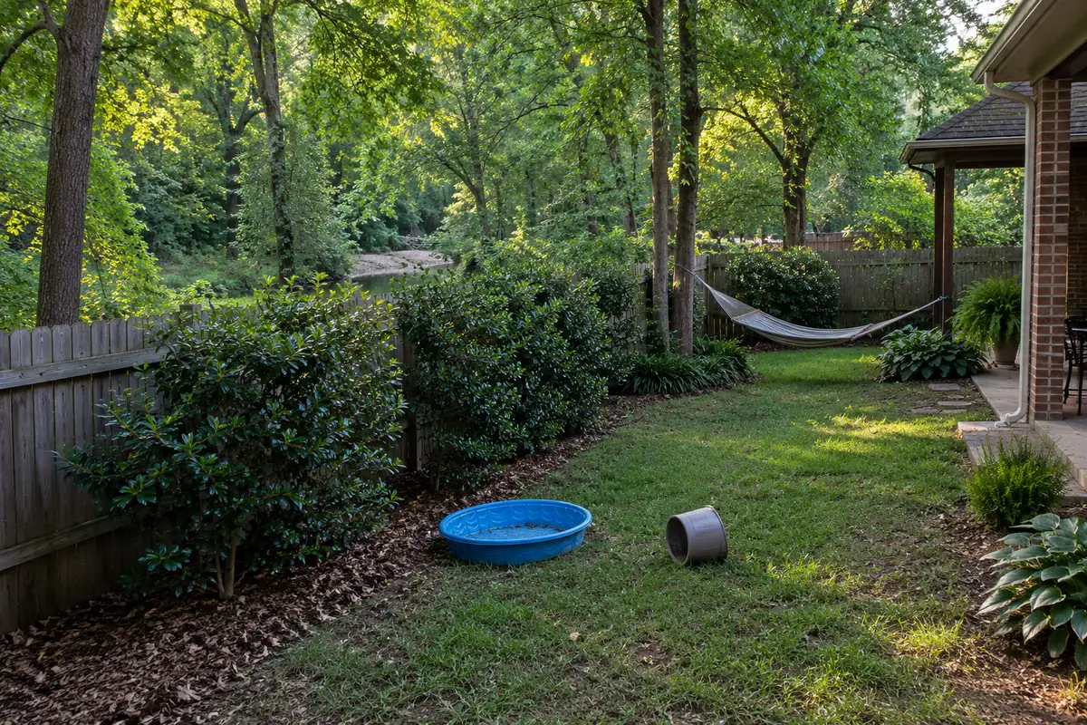 Shaded backyard with a pet water bowl on the lawn, mosquito control in Folsom, CA