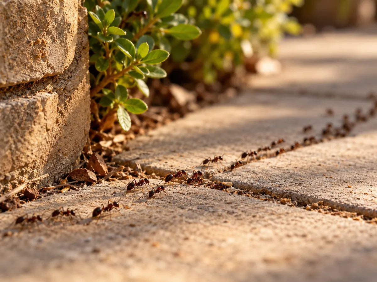 Ant trail on paving beside a planter