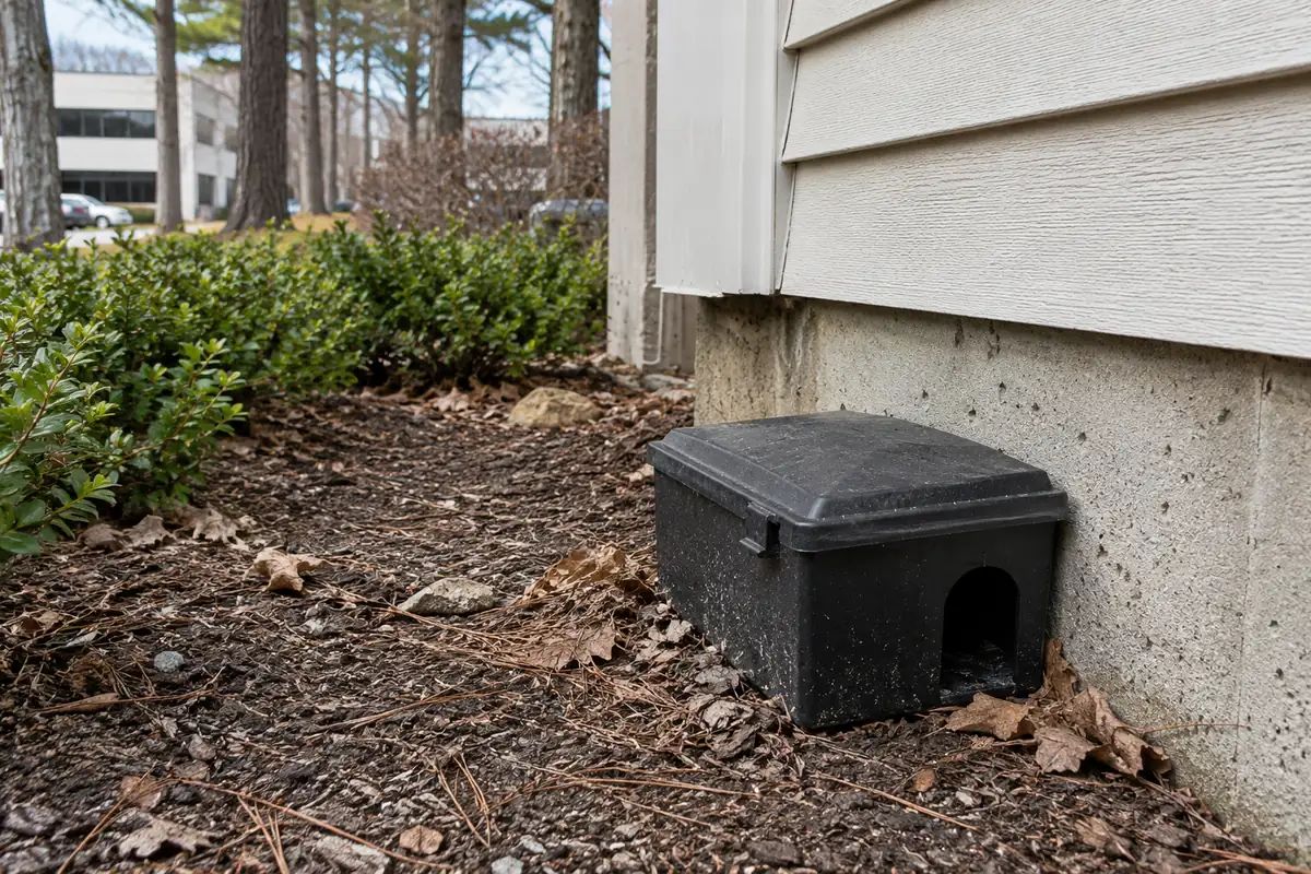 Black rodent bait station against a stucco wall above mulch, rodent control in Folsom, CA