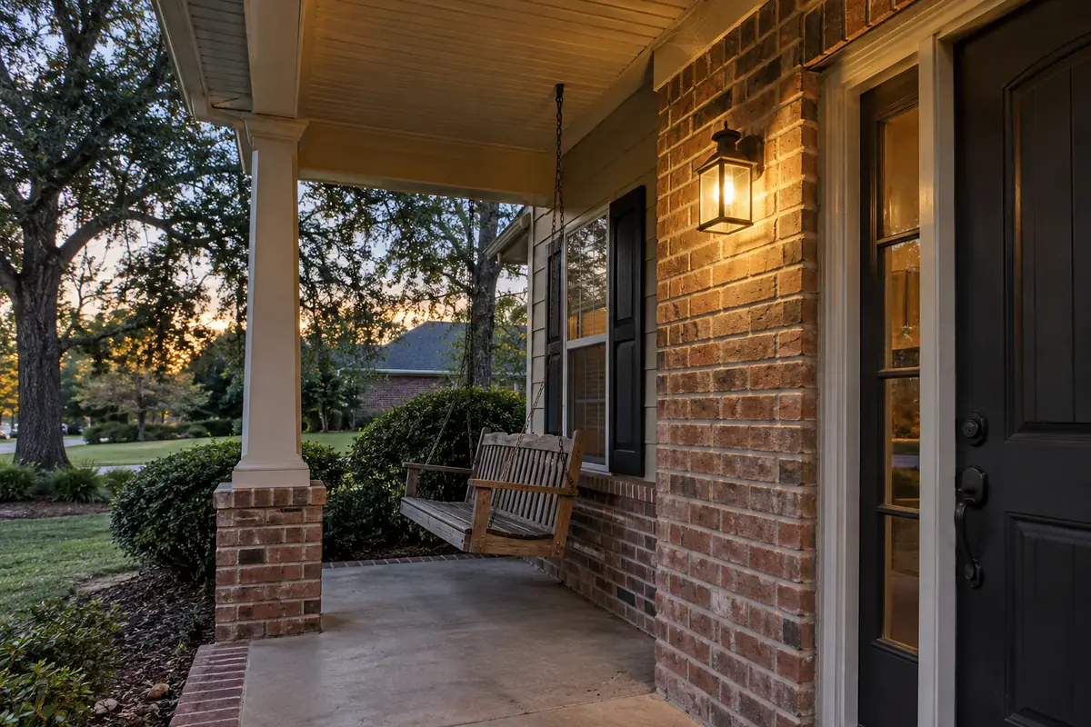 Covered brick porch with a swing and a lantern, spider control in Folsom, CA