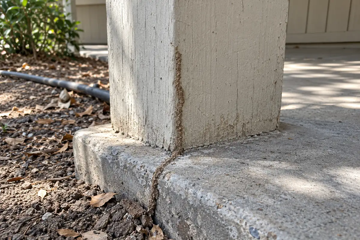 Porch post base on a concrete slab with soil and a mud-tube clue, termite control in Folsom, CA